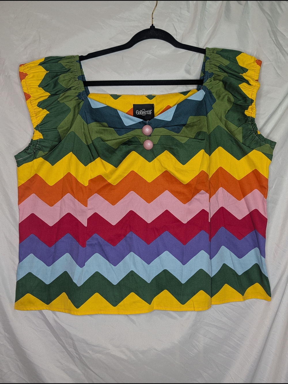 Collectif Dolores Rainbow Chevron Puff Sleeve Top - Yellow & Green